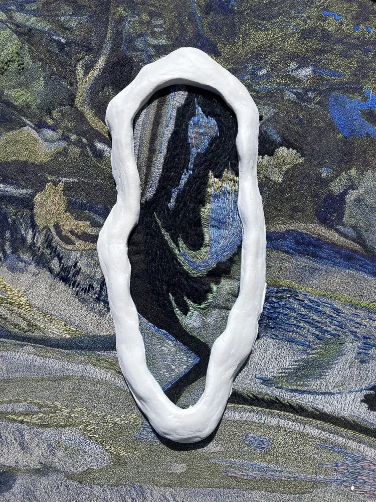 Organic plaster frame, embroidered tapestry — abstract landscape, fragments of relics