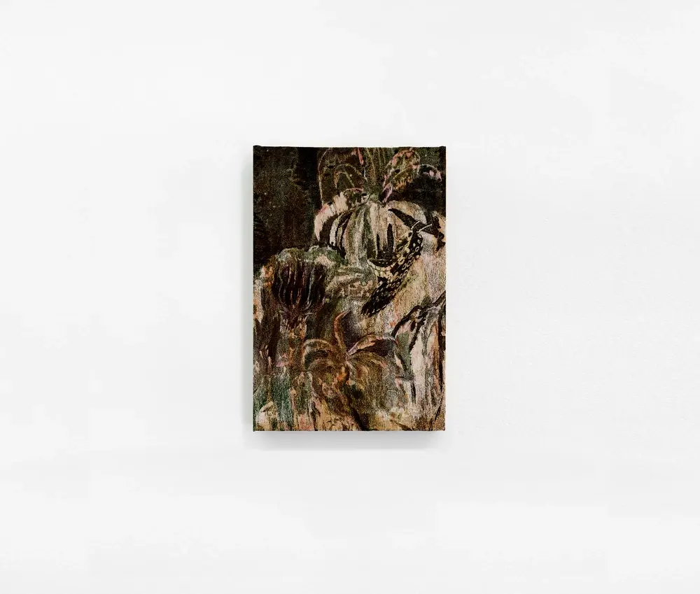 Contemporary embroidered tapestry — tropical and anthropic landscape, botanical motifs, textile art, hand-crafted piece