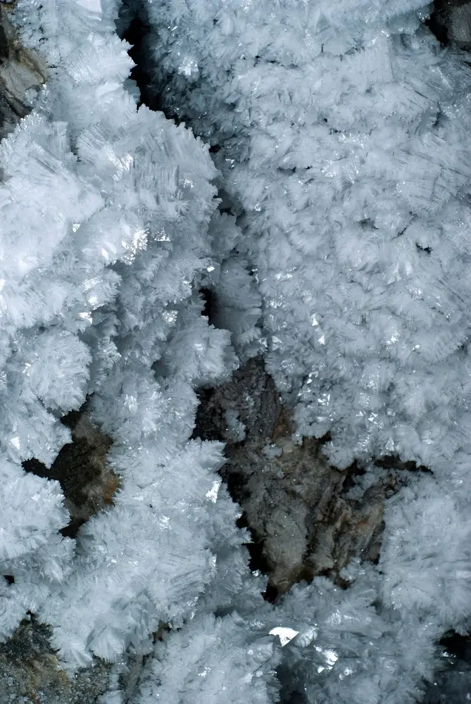 Ice crystal formations inside cave, field research in Durango Mexico