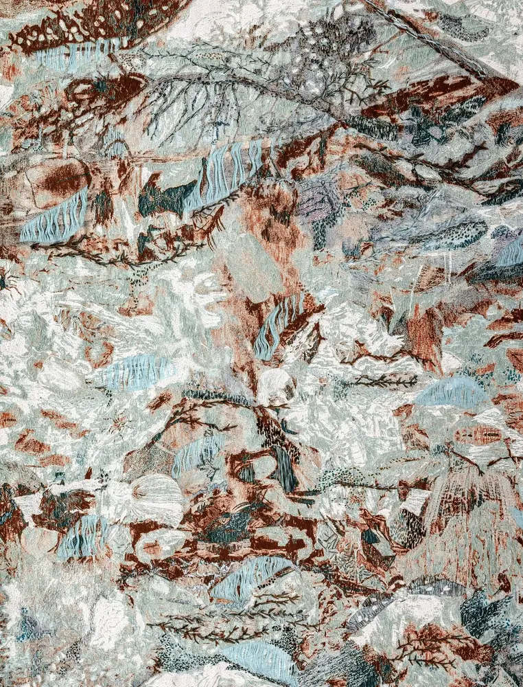 Contemporary embroidered tapestry, conceptual textile art, recycled materials