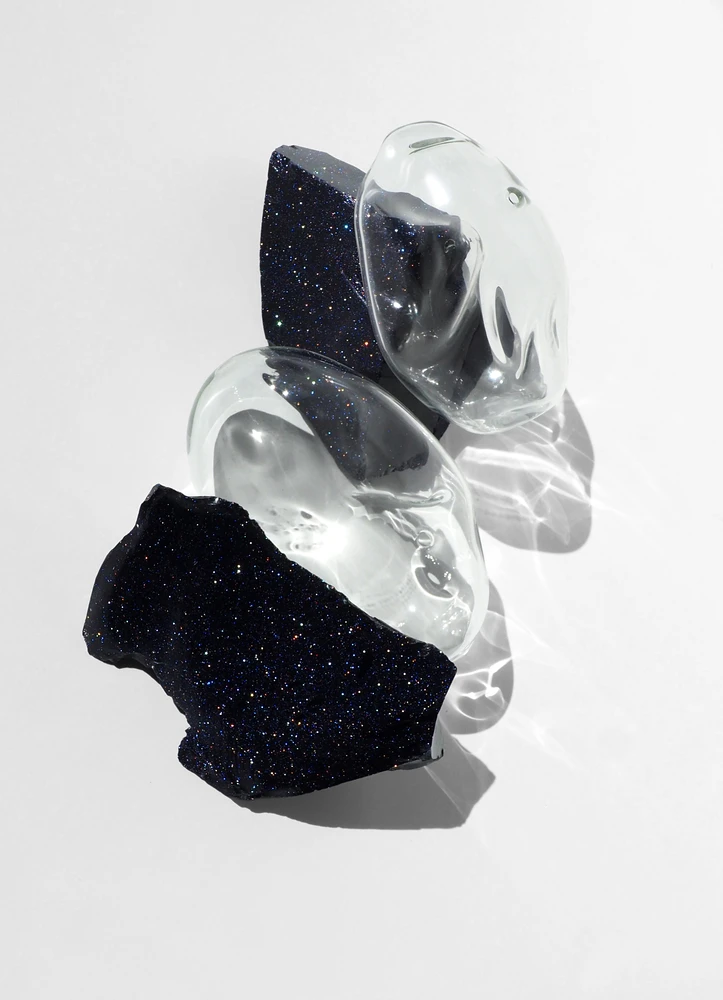 Black obsidian and blown glass sculpture composition